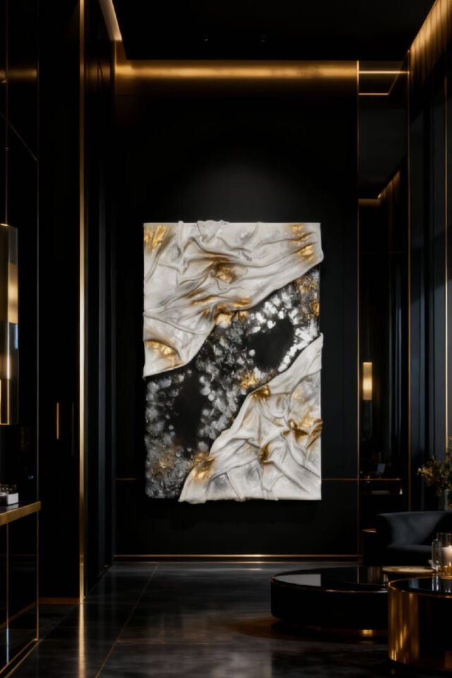 Tamamen El Yapımı, Altın Işıltılı Akış - Dokulu Tablo (35x50) Altın