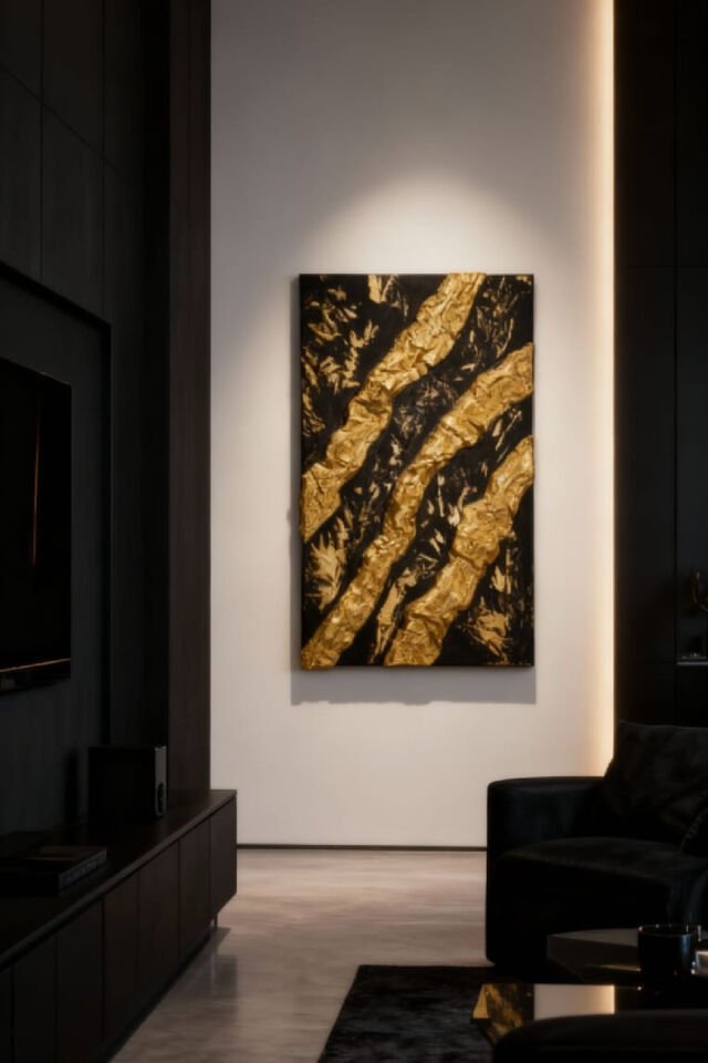 Tamamen El Yapımı, Altın Işıltısı ve Derin Siyahın Büyüsü Tablo (35x50) Siyah