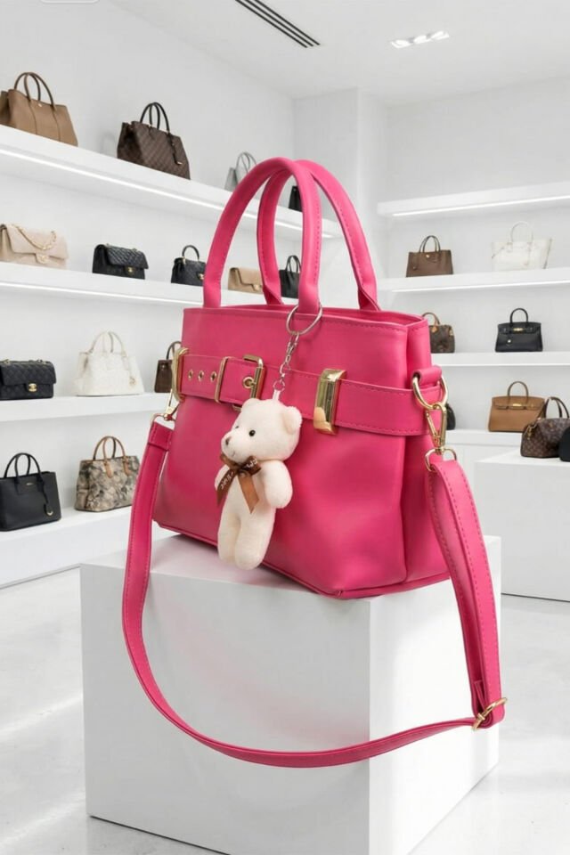 Peluş Ayı Charmlı Kadın Omuz Çantası – Pembe Renk & Peluş Ayıcık Detaylı Kadın Çanta Pembe
