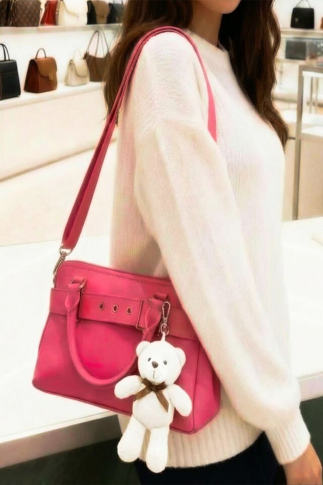 Peluş Ayı Charmlı Kadın Omuz Çantası – Pembe Renk & Peluş Ayıcık Detaylı Kadın Çanta Pembe