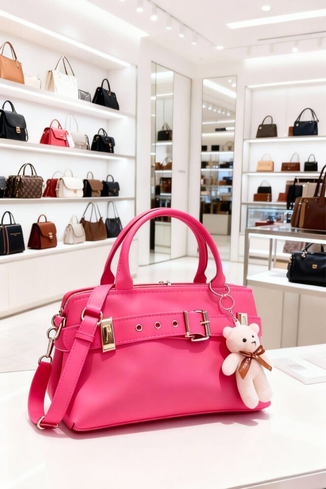 Peluş Ayı Charmlı Kadın Omuz Çantası – Pembe Renk & Peluş Ayıcık Detaylı Kadın Çanta Pembe
