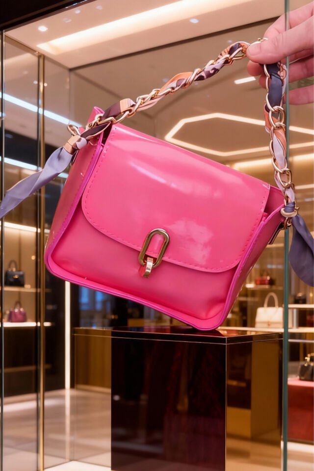 Zincir Askılı Pembe Parlak Kadın Omuz Çantası – Şık ve Trend Mini Çapraz Çanta Pembe