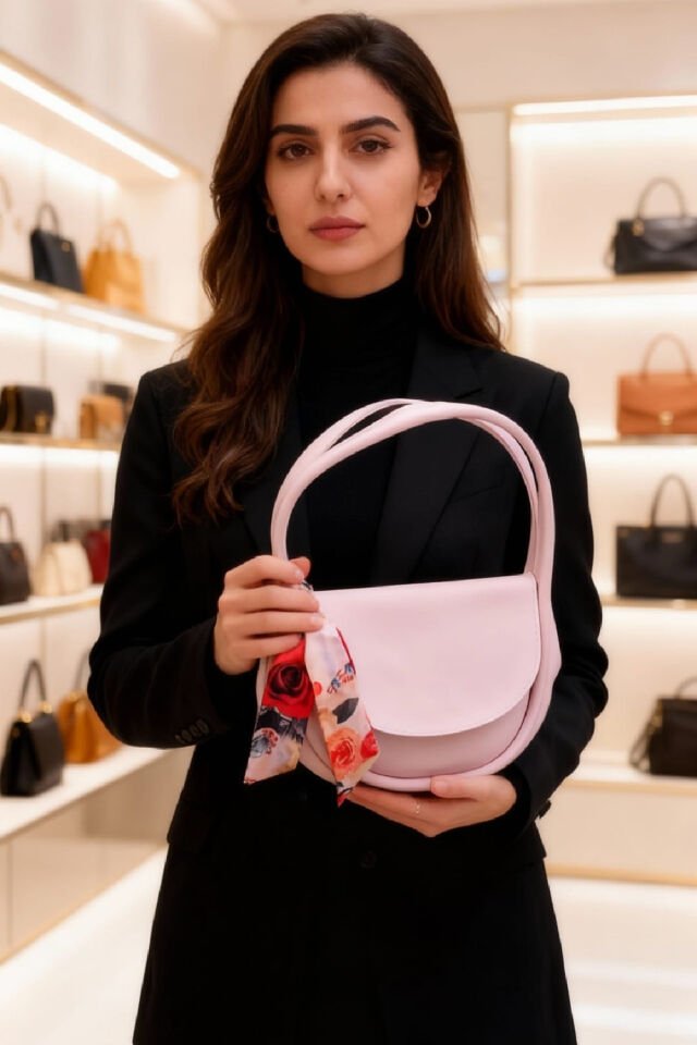 Yuvarlak Saplı Pudra Pembe Kadın Omuz Çantası – Fular Detaylı Şık El ve Günlük Çanta Açık Pembe