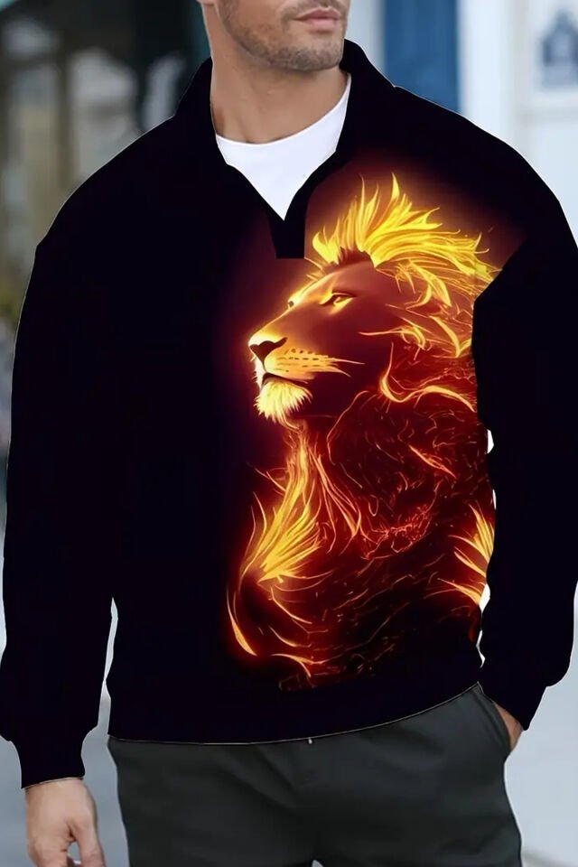Alev Aslanı Tasarımlı Erkek Tshirt - Sonbahar/Kış, Polyester, Hafif Esnek, Düzenli Kesim Siyah - S