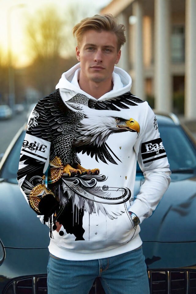 Kartal Detaylı Premium Hoodie/Sweatshirt Beyaz - L