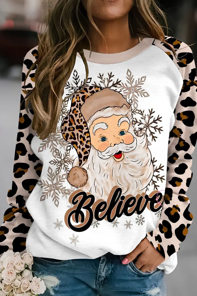 Leopar Desenli Noel Baba Baskılı Hoodie/Sweatshirt Gri - M