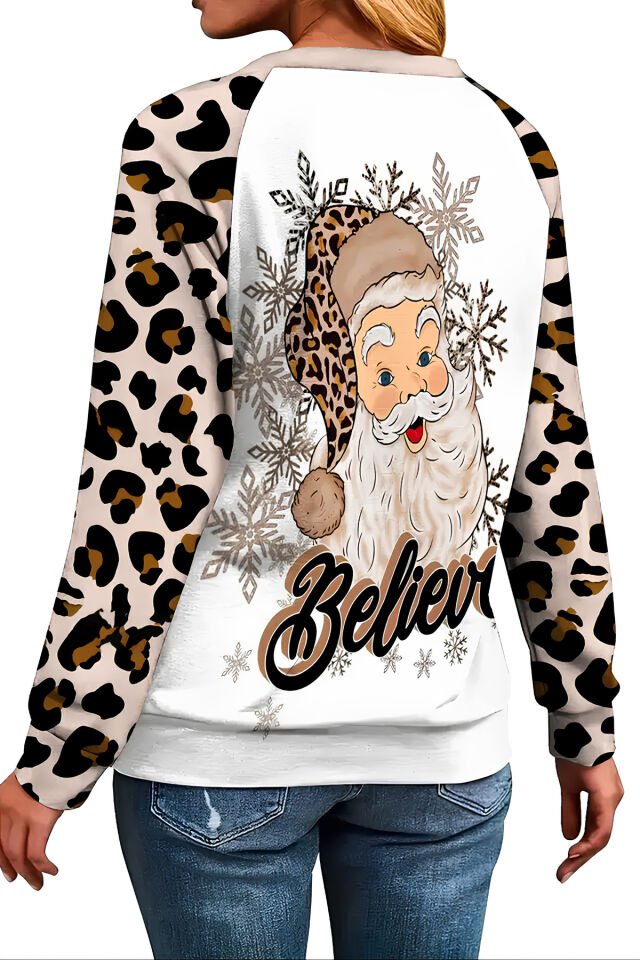 Leopar Desenli Noel Baba Baskılı Hoodie/Sweatshirt Gri - M