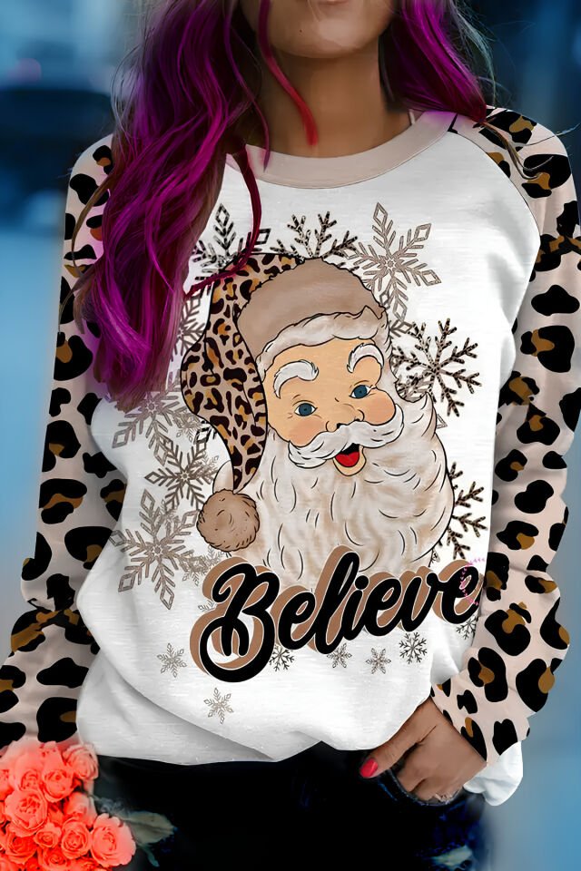 Leopar Desenli Noel Baba Baskılı Hoodie/Sweatshirt Gri - M