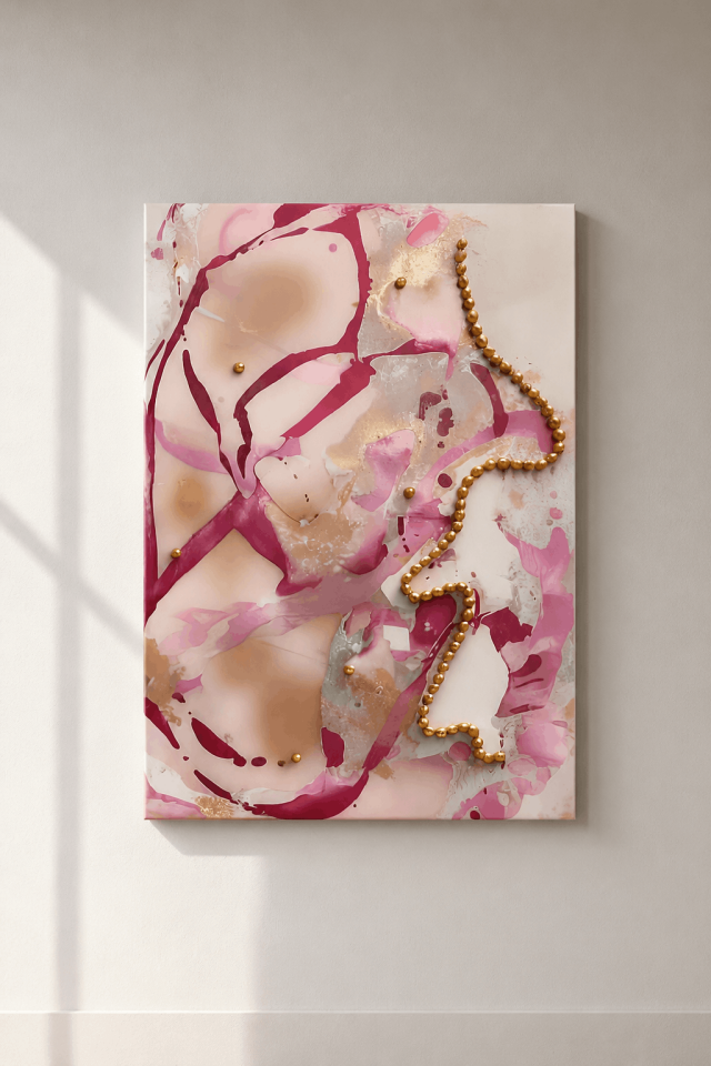 Tamamen El Yapımı Altın Dokunuşlu Pembe Soyut Tablo – Modern Abstract Duvar Sanatı (35x50)