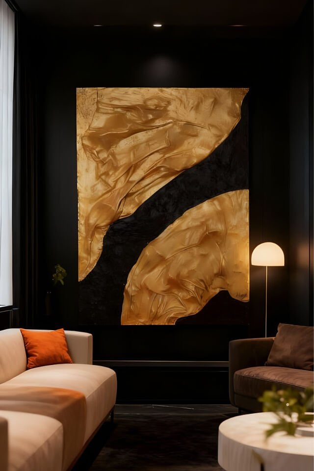 Tamamı El Yapımı, Altın ve Siyah Soyut Tablo – Modern Lüks Abstract Duvar Sanatı (35x50)