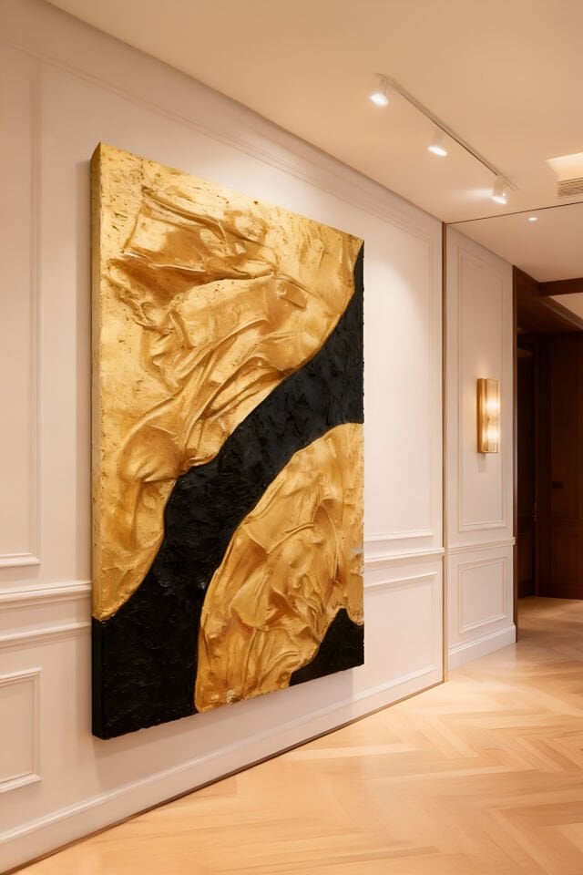 Tamamı El Yapımı, Altın ve Siyah Soyut Tablo – Modern Lüks Abstract Duvar Sanatı (35x50)