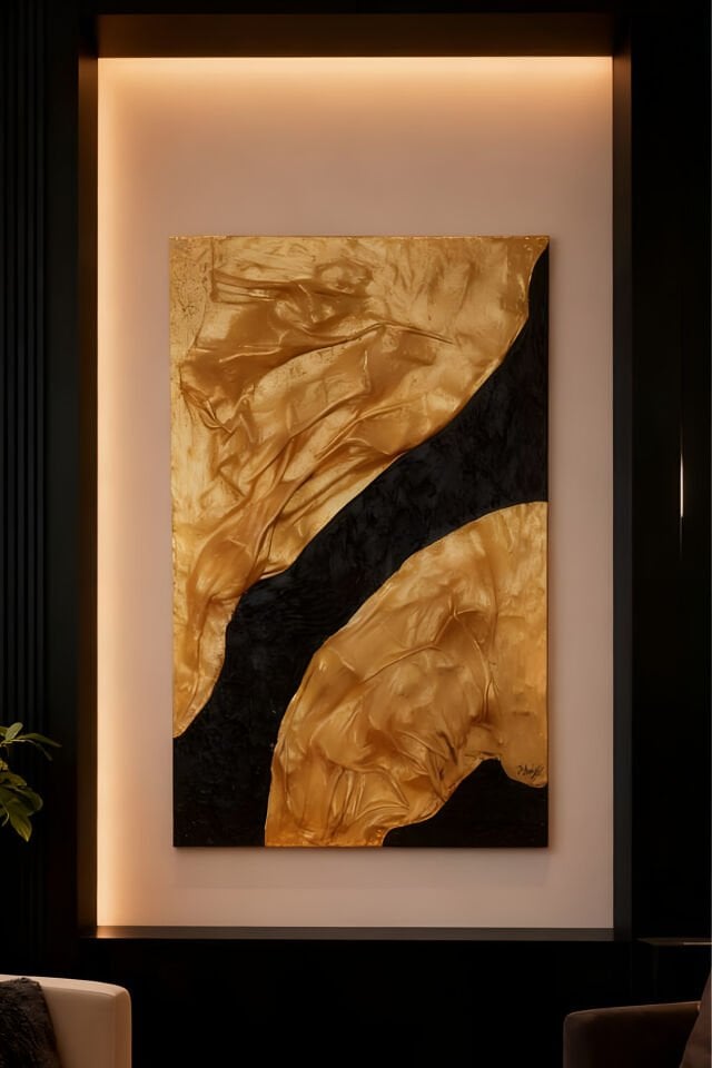 Tamamı El Yapımı, Altın ve Siyah Soyut Tablo – Modern Lüks Abstract Duvar Sanatı (35x50)