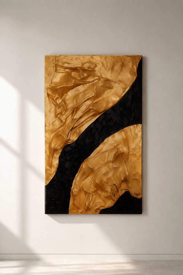 Tamamı El Yapımı, Altın ve Siyah Soyut Tablo – Modern Lüks Abstract Duvar Sanatı (35x50)