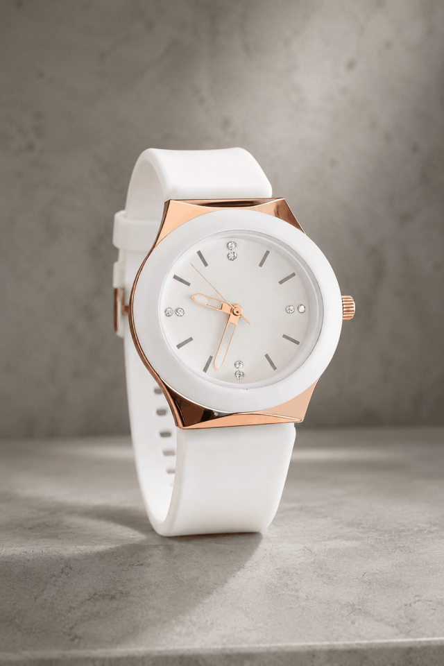 Beyaz Silikon Kordon Kadın Kol Saati – Rose Gold Kasa, Minimal & Şık Tasarım