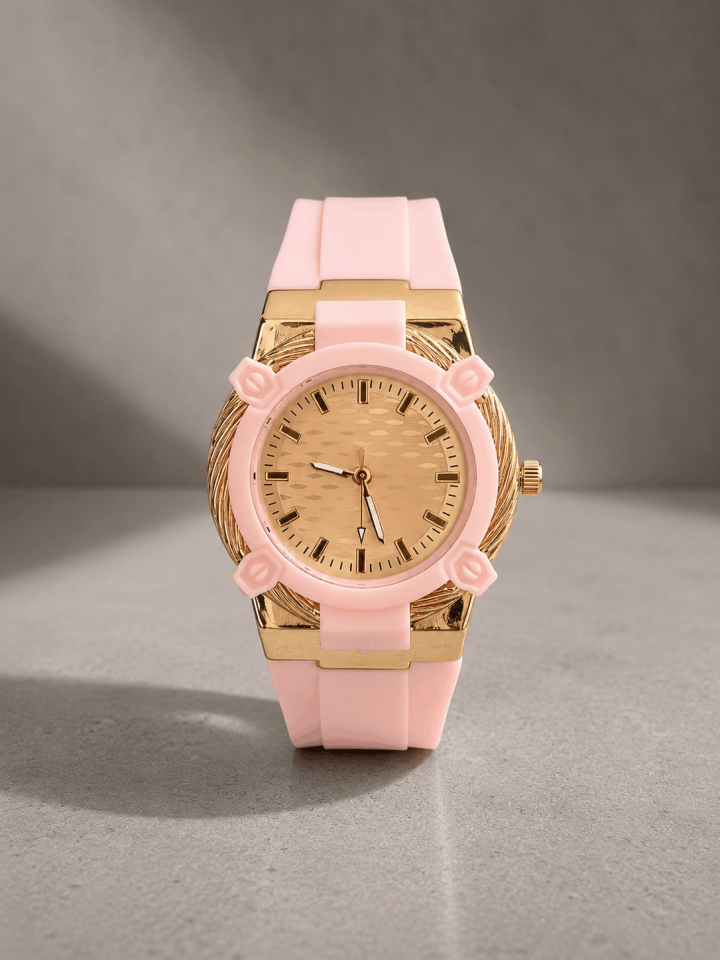 Kadın Pembe Kol Saati – Gold Kasa, Pembe Silikon Kordon, Şık ve Modern Tasarım