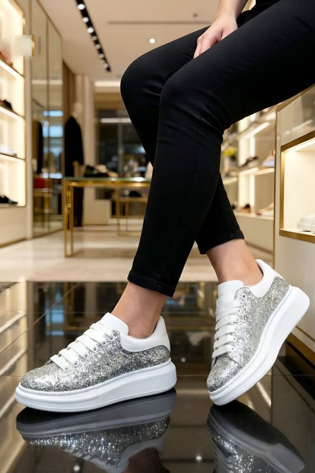 Simli Gümüş Kadın Sneaker Ayakkabı – Kalın Taban, Şık & Modern Tasarım