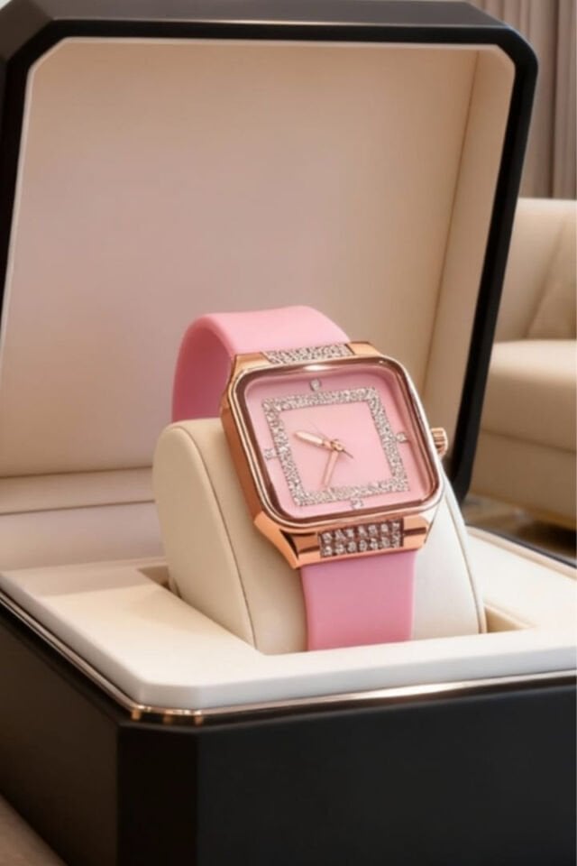 Taşlı Kare Kasa Pembe Kadın Kol Saati – Rose Gold Detaylı, Lüks Silikon Kordon