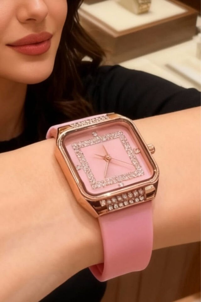 Taşlı Kare Kasa Pembe Kadın Kol Saati – Rose Gold Detaylı, Lüks Silikon Kordon
