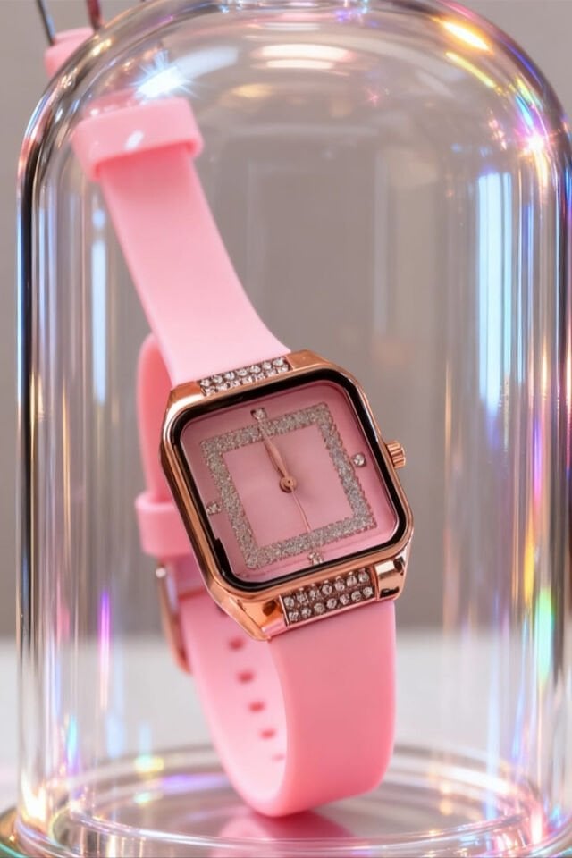 Taşlı Kare Kasa Pembe Kadın Kol Saati – Rose Gold Detaylı, Lüks Silikon Kordon