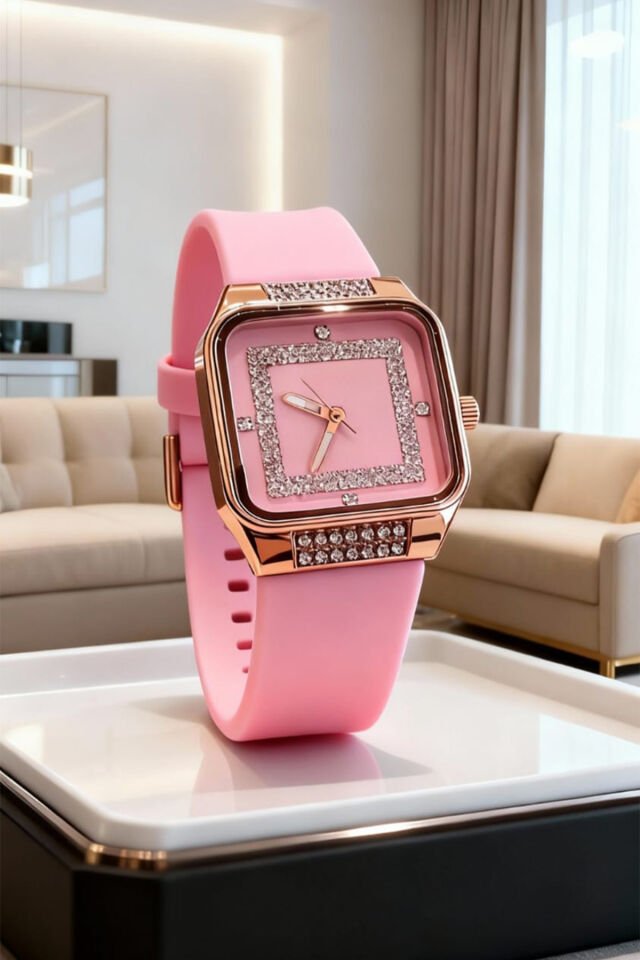 Taşlı Kare Kasa Pembe Kadın Kol Saati – Rose Gold Detaylı, Lüks Silikon Kordon