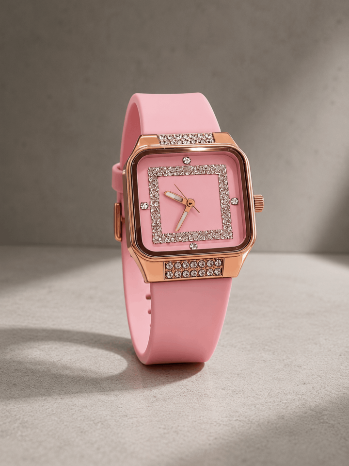 Taşlı Kare Kasa Pembe Kadın Kol Saati – Rose Gold Detaylı, Lüks Silikon Kordon