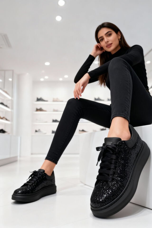 Siyah Simli Kadın Sneaker Ayakkabı | Günlük Kullanım Kalın Taban