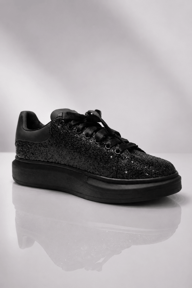 Siyah Simli Kadın Sneaker Ayakkabı | Günlük Kullanım Kalın Taban