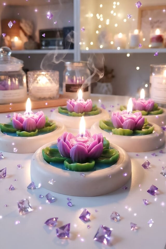 Mor Lotus Çiçek Mum – El Yapımı Dekoratif Aromatik Mum