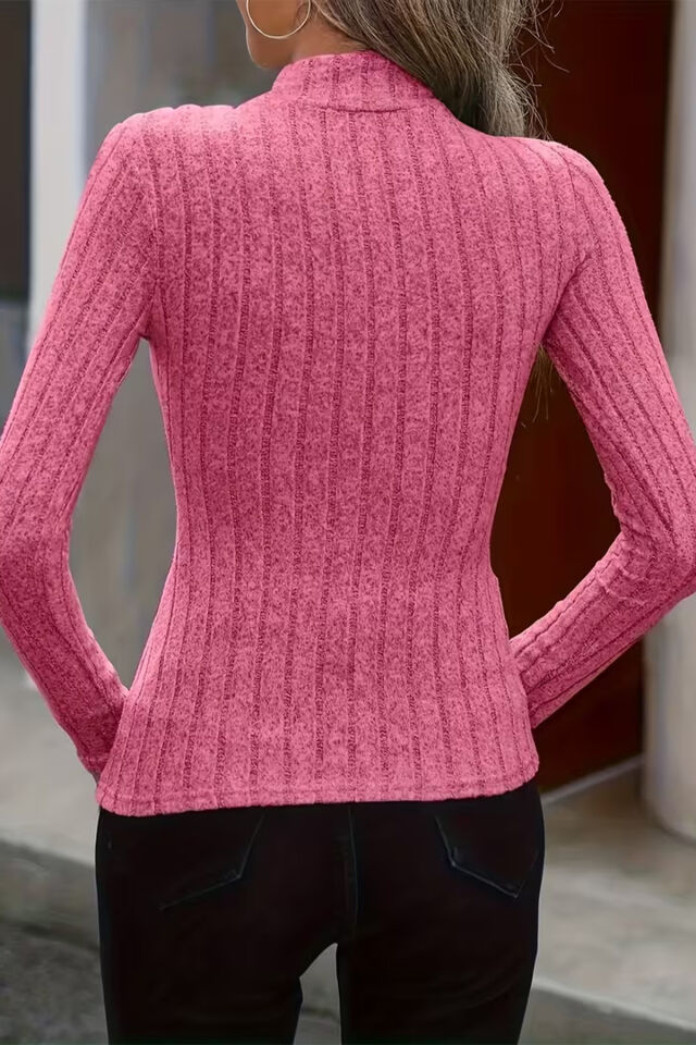 Kadın Pembe Yarım Balıkçı Yaka Fitilli Triko Kazak – Uzun Kollu, Esnek ve Şık Model