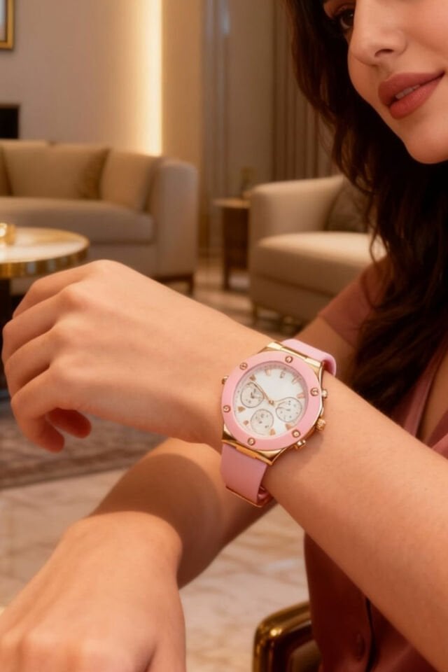 Pembe Silikon Kordon Kadın Kol Saati – Gold Kasa, Çok Fonksiyonlu & Lüks Tasarım