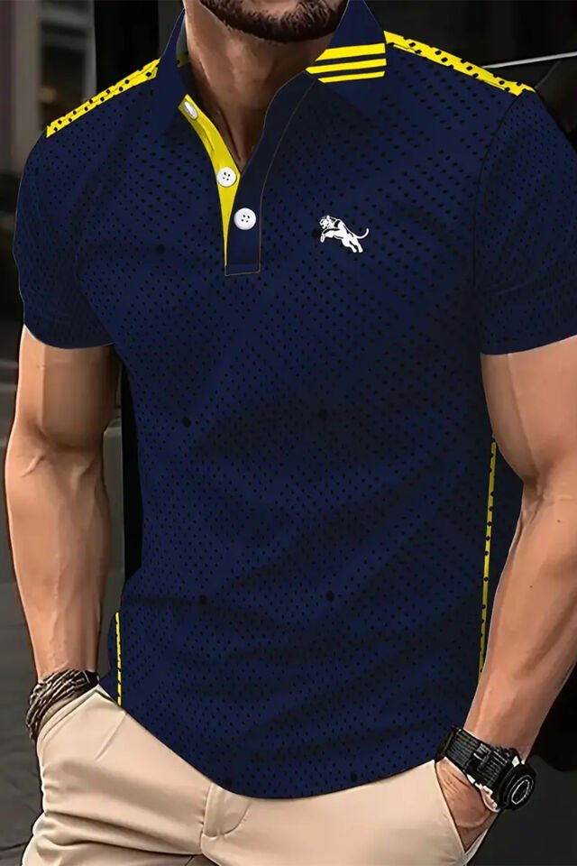 Erkek Spor Polo Yaka Tişört/T-Shirt – Lacivert Üzerine Sarı Şeritli Model