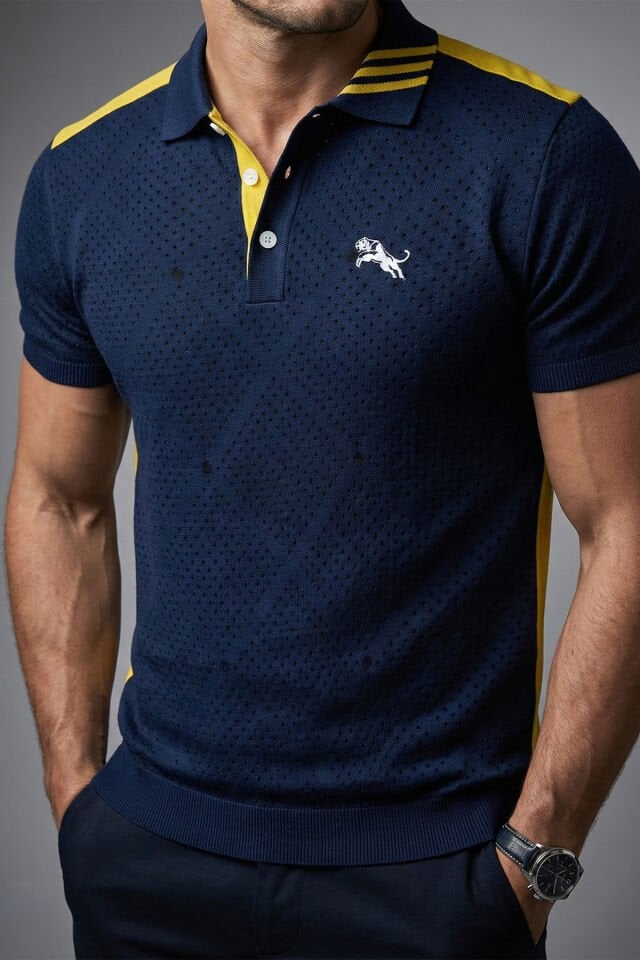 Erkek Spor Polo Yaka Tişört/T-Shirt – Lacivert Üzerine Sarı Şeritli Model