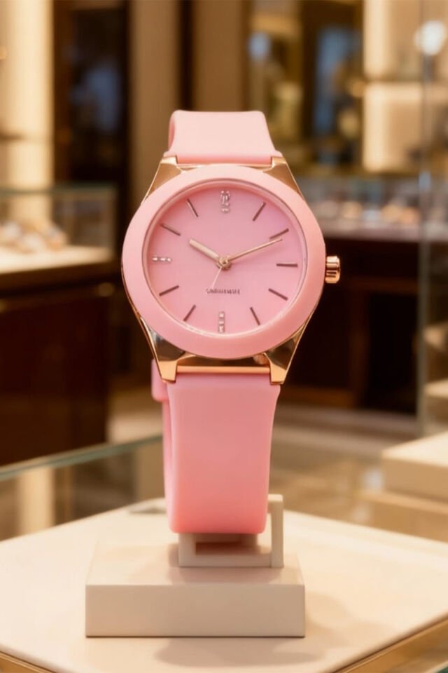 Kadın Pembe Kol Saati – Rose Gold Kasa, Pembe Silikon Kordon, Zarif & Şık Tasarım