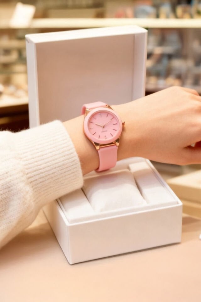 Kadın Pembe Kol Saati – Rose Gold Kasa, Pembe Silikon Kordon, Zarif & Şık Tasarım
