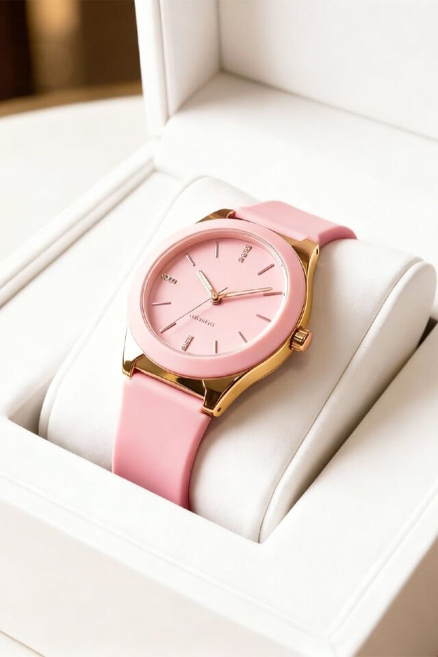 Kadın Pembe Kol Saati – Rose Gold Kasa, Pembe Silikon Kordon, Zarif & Şık Tasarım