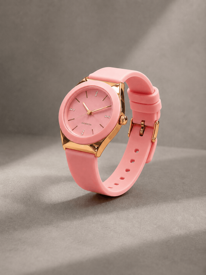 Kadın Pembe Kol Saati – Rose Gold Kasa, Pembe Silikon Kordon, Zarif & Şık Tasarım