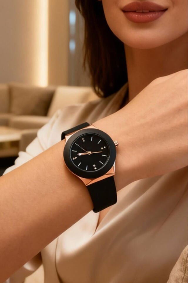 Siyah Silikon Kordon Kadın Kol Saati – Rose Gold Kasa, Minimal & Zarif Tasarım