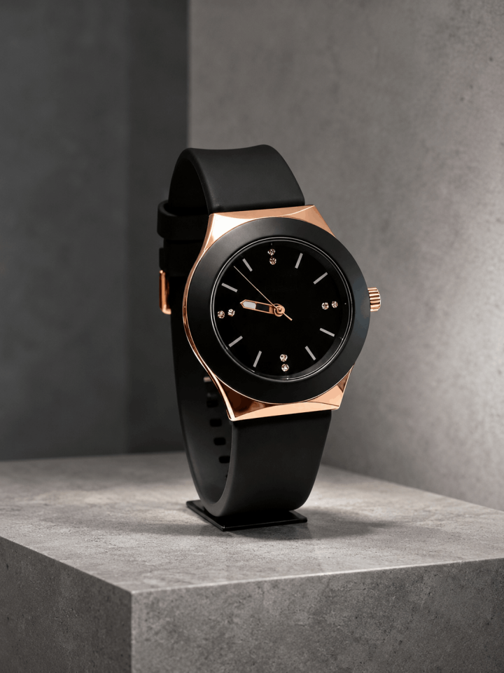 Siyah Silikon Kordon Kadın Kol Saati – Rose Gold Kasa, Minimal & Zarif Tasarım