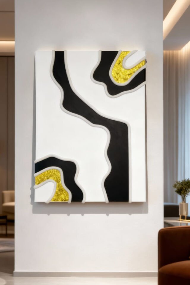 Tamamen El Yapımı, Akışkan Siyah & Neon Sarı Uyumu Tablo (35x50)