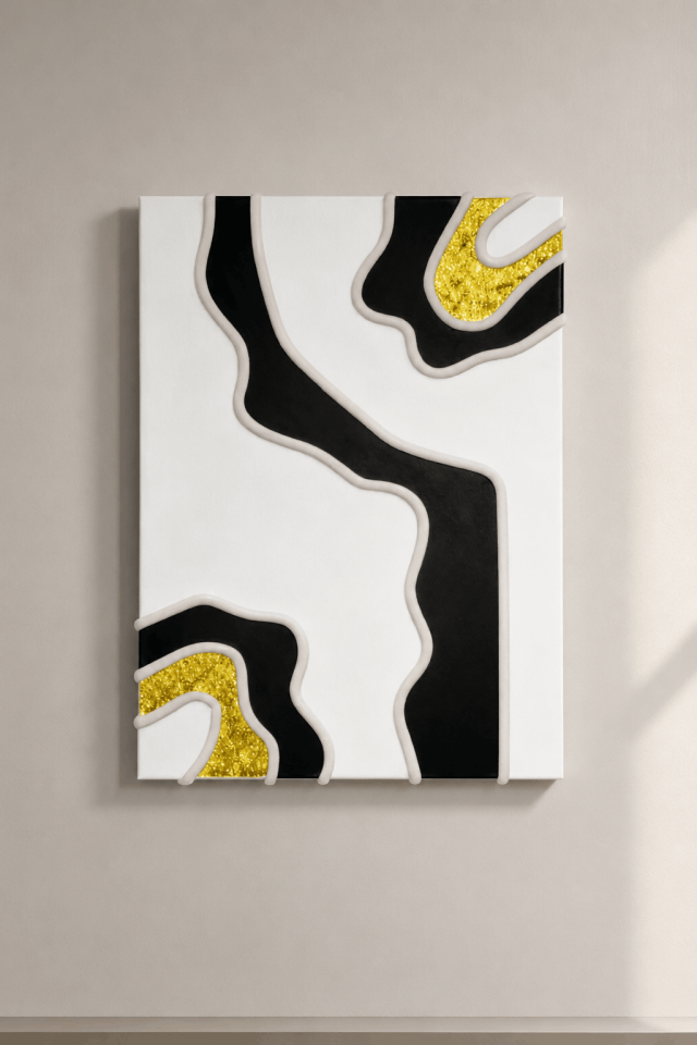 Tamamen El Yapımı, Akışkan Siyah & Neon Sarı Uyumu Tablo (35x50)