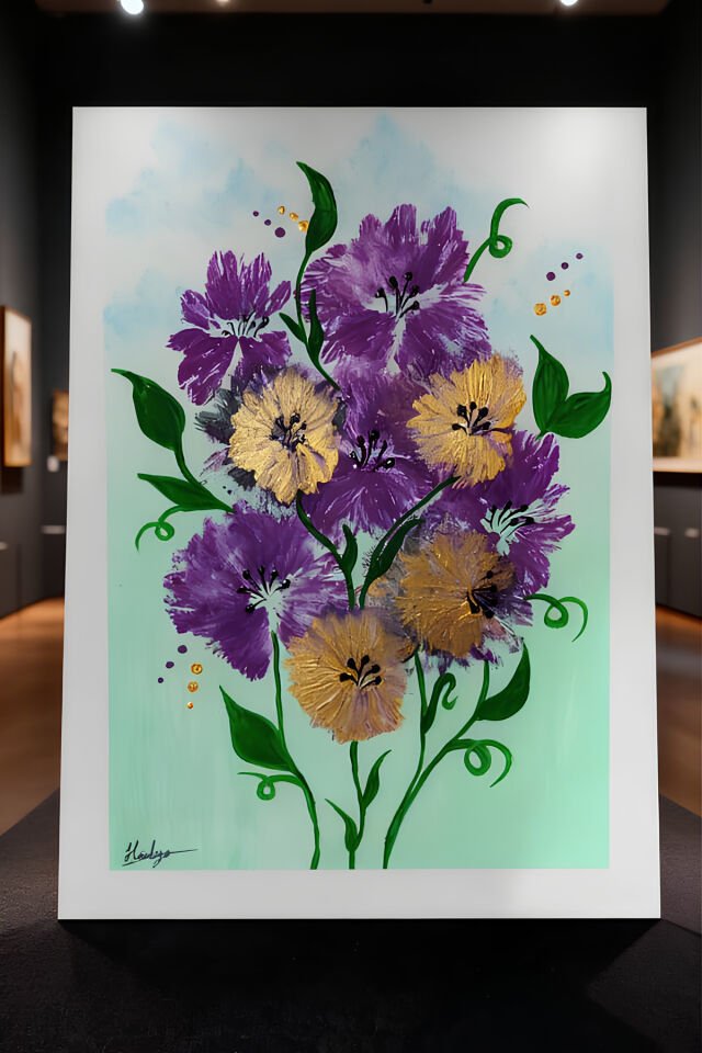 Tamamen El Yapımı, Mor ve Altın Çiçekler – Modern Soyut Çiçek Tablosu, Duvar Dekoru (35x50)