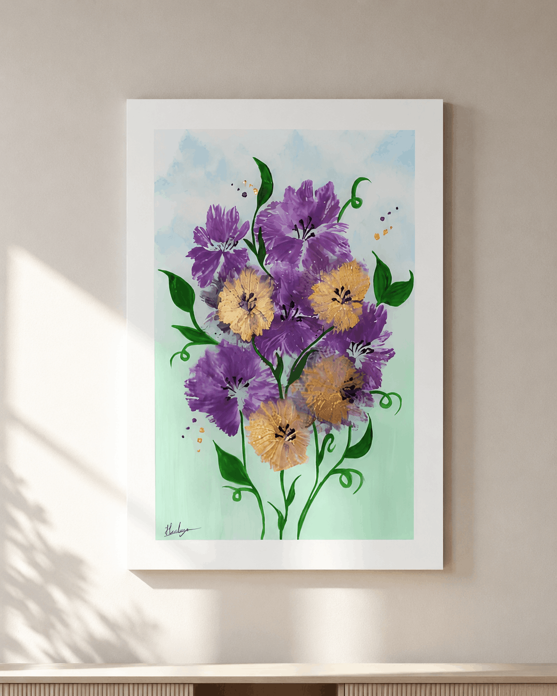 Tamamen El Yapımı, Mor ve Altın Çiçekler – Modern Soyut Çiçek Tablosu, Duvar Dekoru (35x50)
