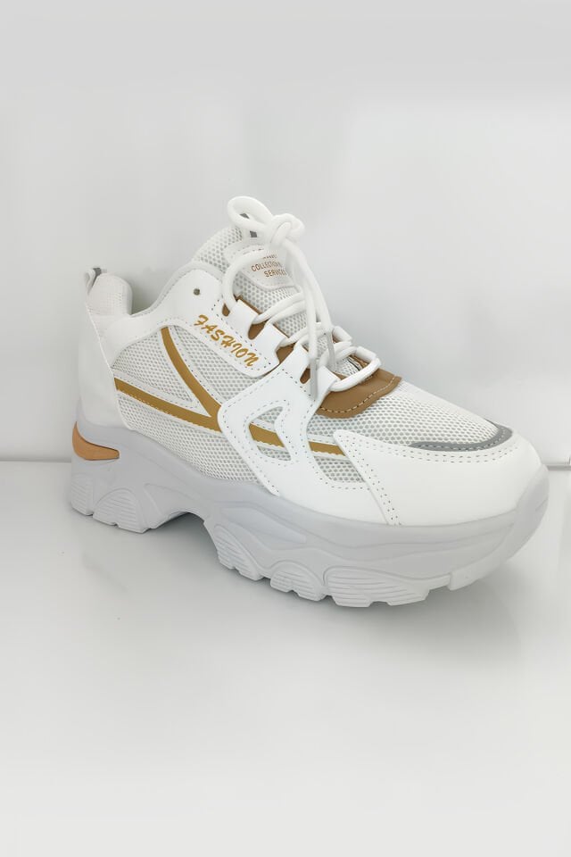 Kadın Beyaz Kahverengi Detaylı Kalın Taban Spor Ayakkabı - Rahat ve Şık Sneaker