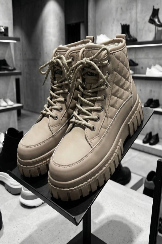 Kadın Kürklü Platform Topuklu Bağcıklı Suni Deri Günlük Kahverengi Bot