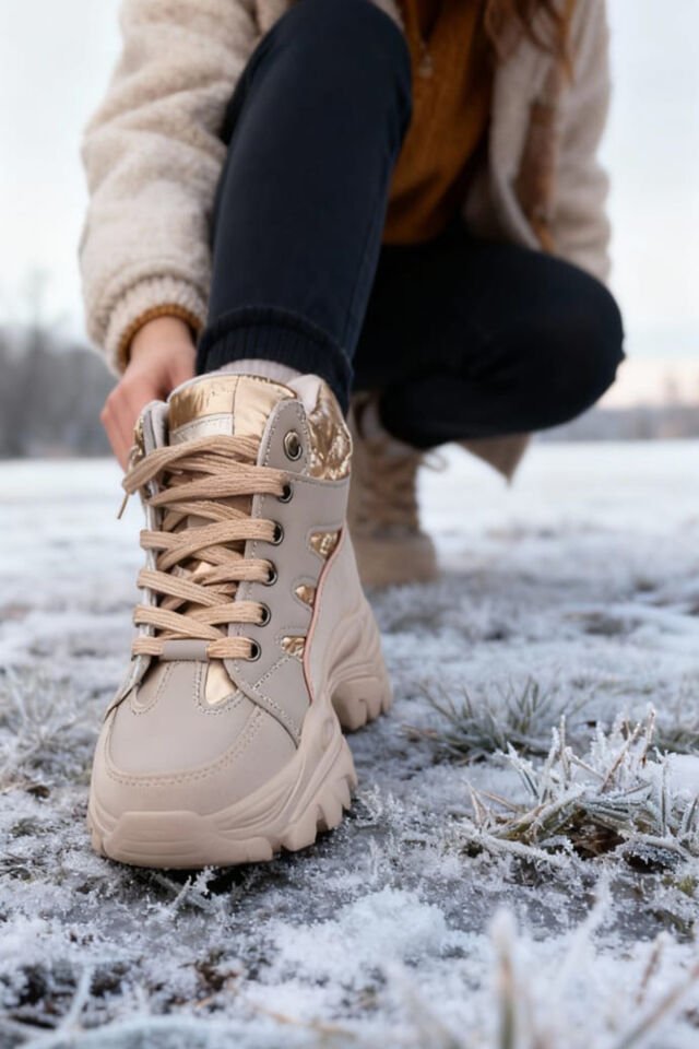 Kadın Kalın Taban Spor Ayakkabı - Bej ve Gold Detaylı Sneaker, Yürüyüş Ayakkabısı