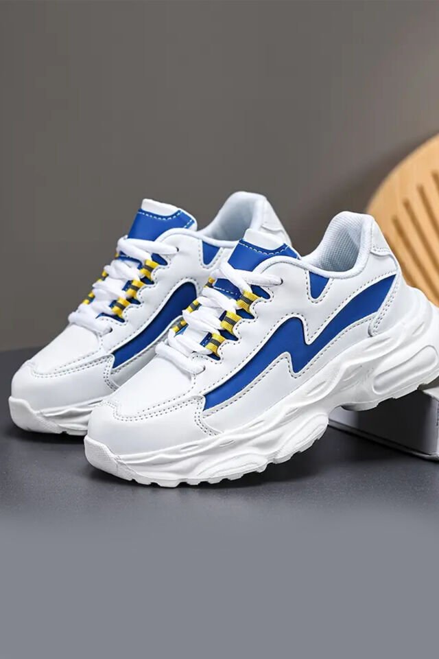 Beyaz Mavi Unisex Spor Ayakkabı – Kalın Taban Rahat Yürüyüş Sneaker