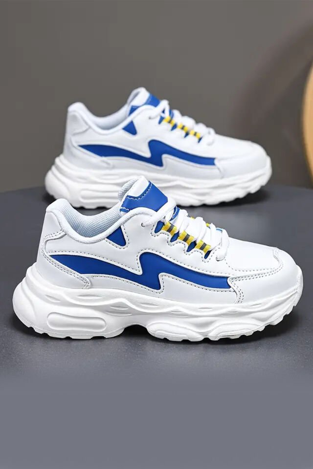 Beyaz Mavi Unisex Spor Ayakkabı – Kalın Taban Rahat Yürüyüş Sneaker