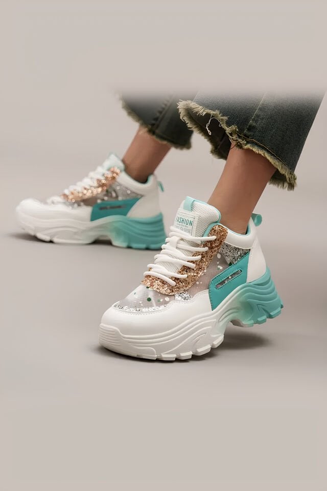 Kadın Beyaz-Turkuaz Işıltılı Chunky Sneaker – Kalın Tabanlı Glitır Detaylı Spor Ayakkabı