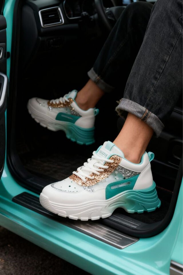 Kadın Beyaz-Turkuaz Işıltılı Chunky Sneaker – Kalın Tabanlı Glitır Detaylı Spor Ayakkabı