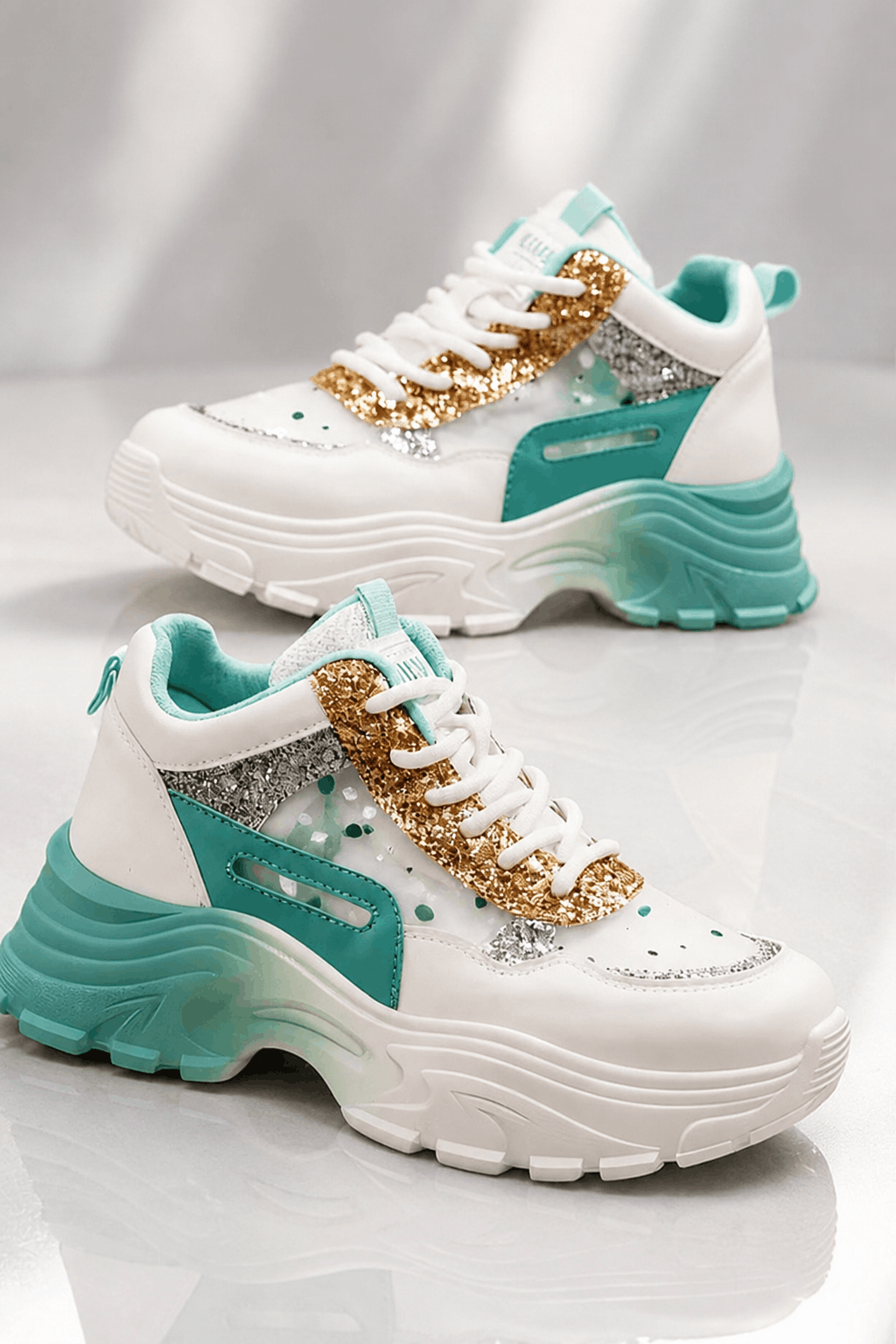 Kadın Beyaz-Turkuaz Işıltılı Chunky Sneaker – Kalın Tabanlı Glitır Detaylı Spor Ayakkabı